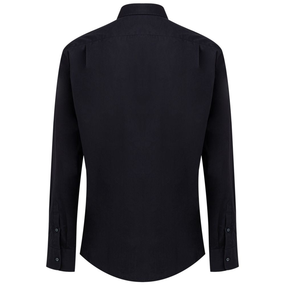 A navy blue dress shirt with long sleeves, collar and buttoned front