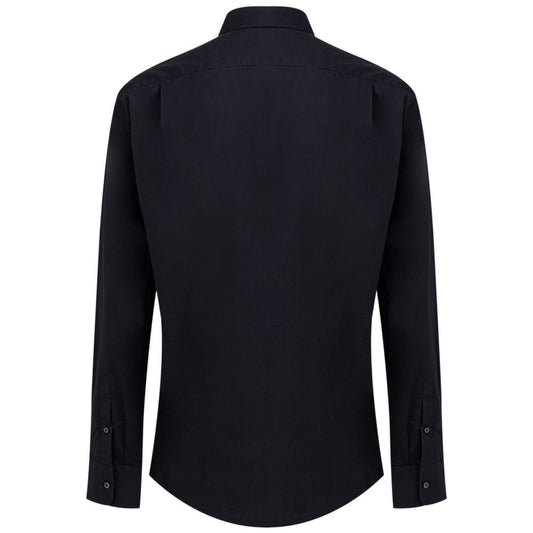 A navy blue dress shirt with long sleeves, collar and buttoned front