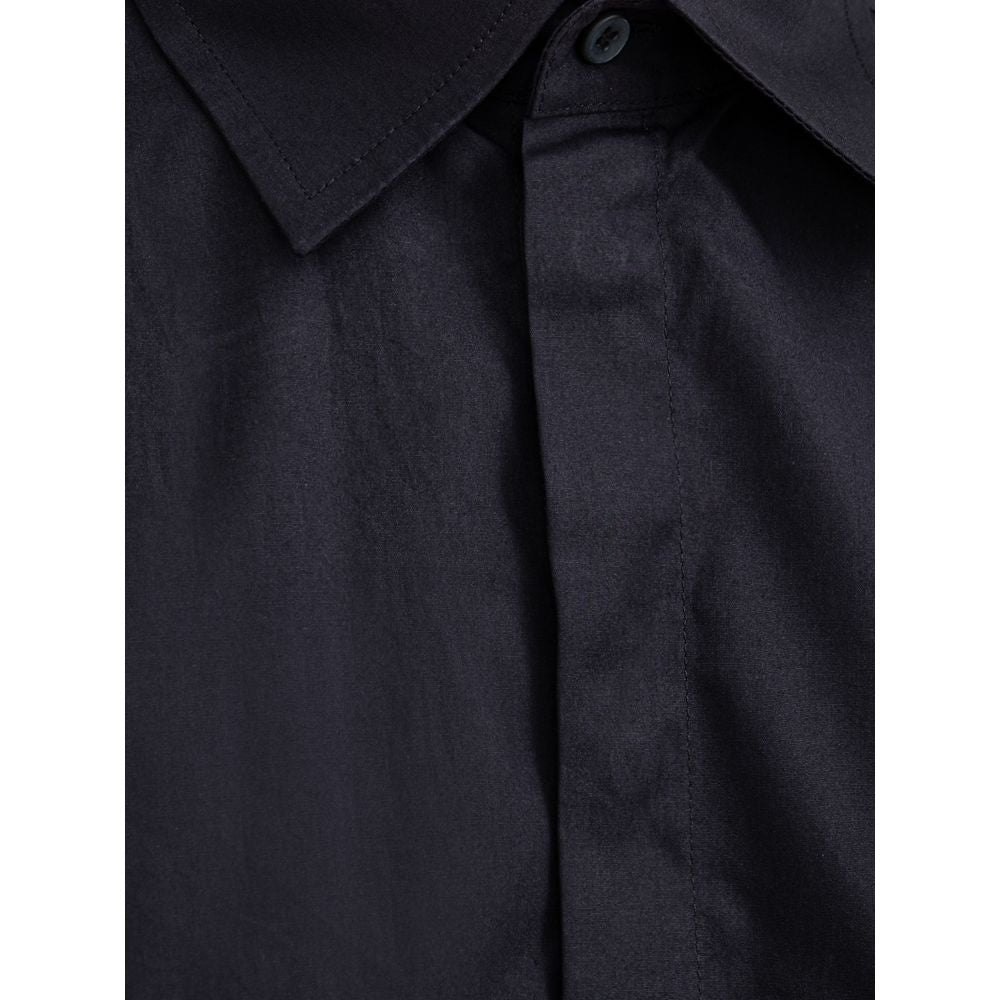 A navy blue cotton dress shirt with a collar, two buttons and long sleeves