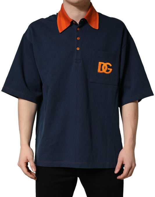 Blue polo shirt with orange trim and logo