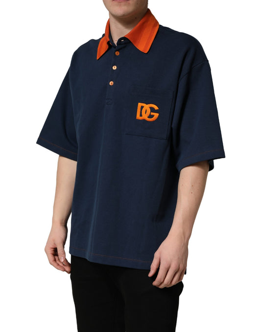 Man wearing blue shirt with orange collar