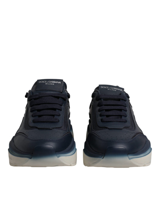 Navy blue men's sneakers with white soles, featuring a low top and a logo on the side