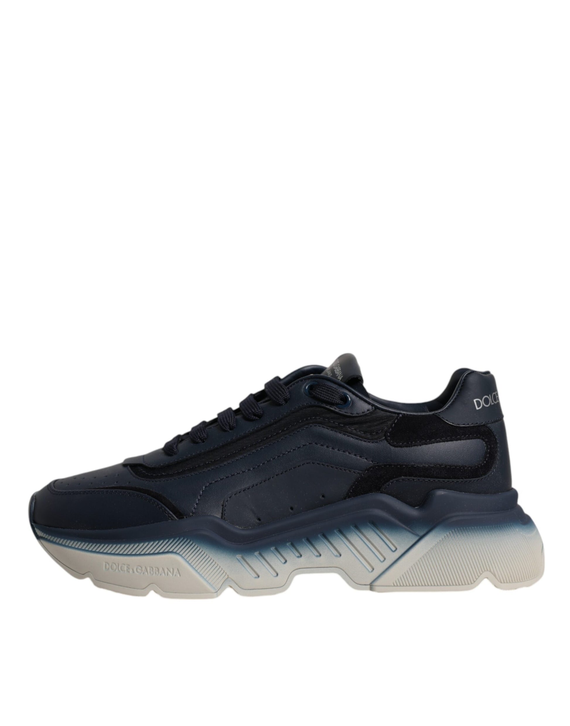Navy blue men's sneakers with white sole, featuring a low top and a logo on the side