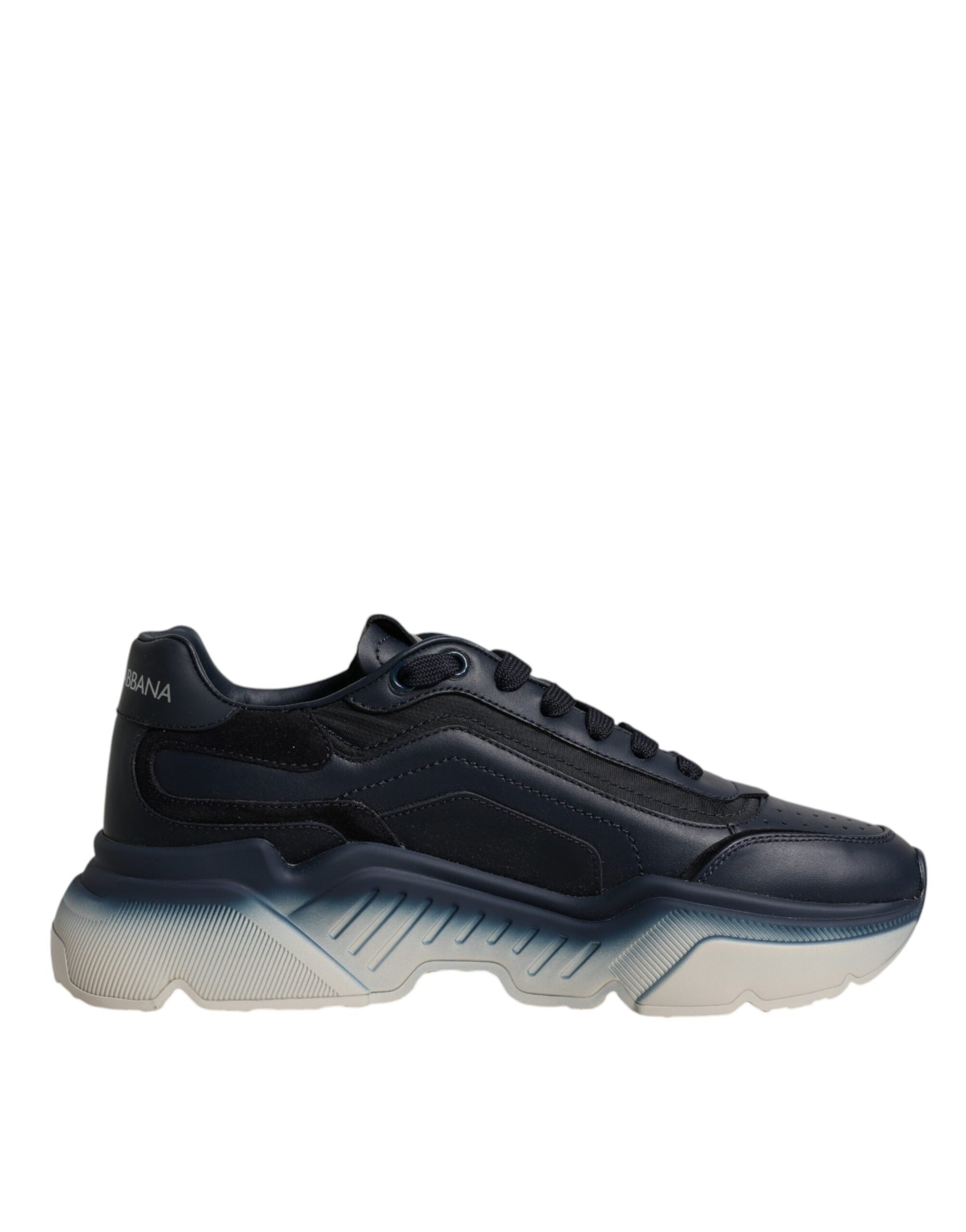 Navy blue men's sneakers with white sole, featuring a low top and a chunky design