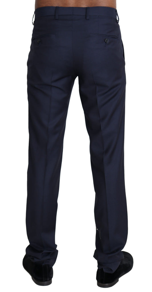 Dark navy blue dress pants with a slim fit, featuring two front pockets and a buttoned waistband