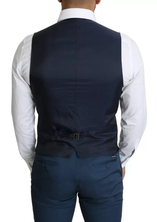 A navy blue men's formal vest with a white stripe down the middle