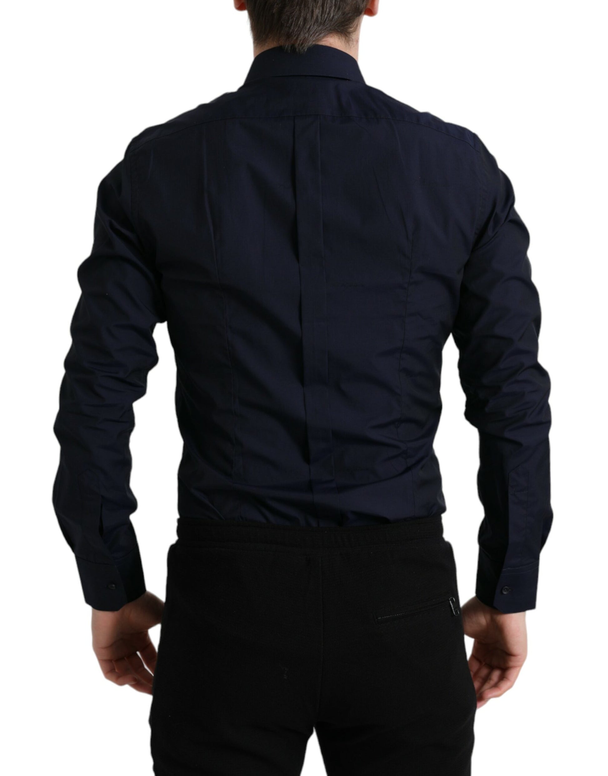 Dark blue dress shirt with slim fit, gold accents on collar and cuffs