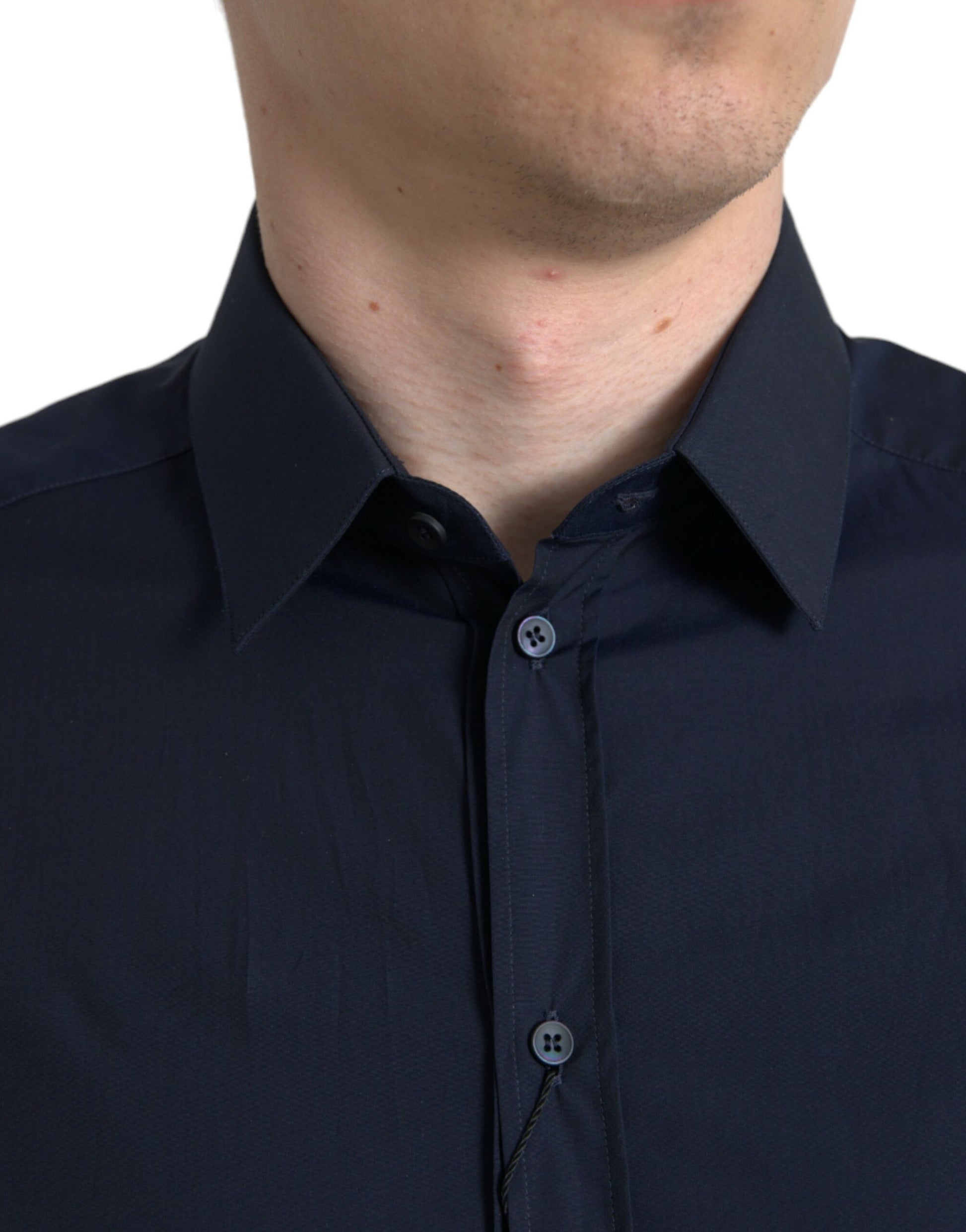 Dark blue dress shirt with gold buttons and collar, slim fit, formal wear