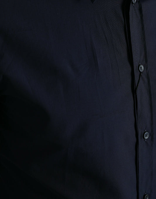 Dark blue dress shirt with gold buttons and slim fit