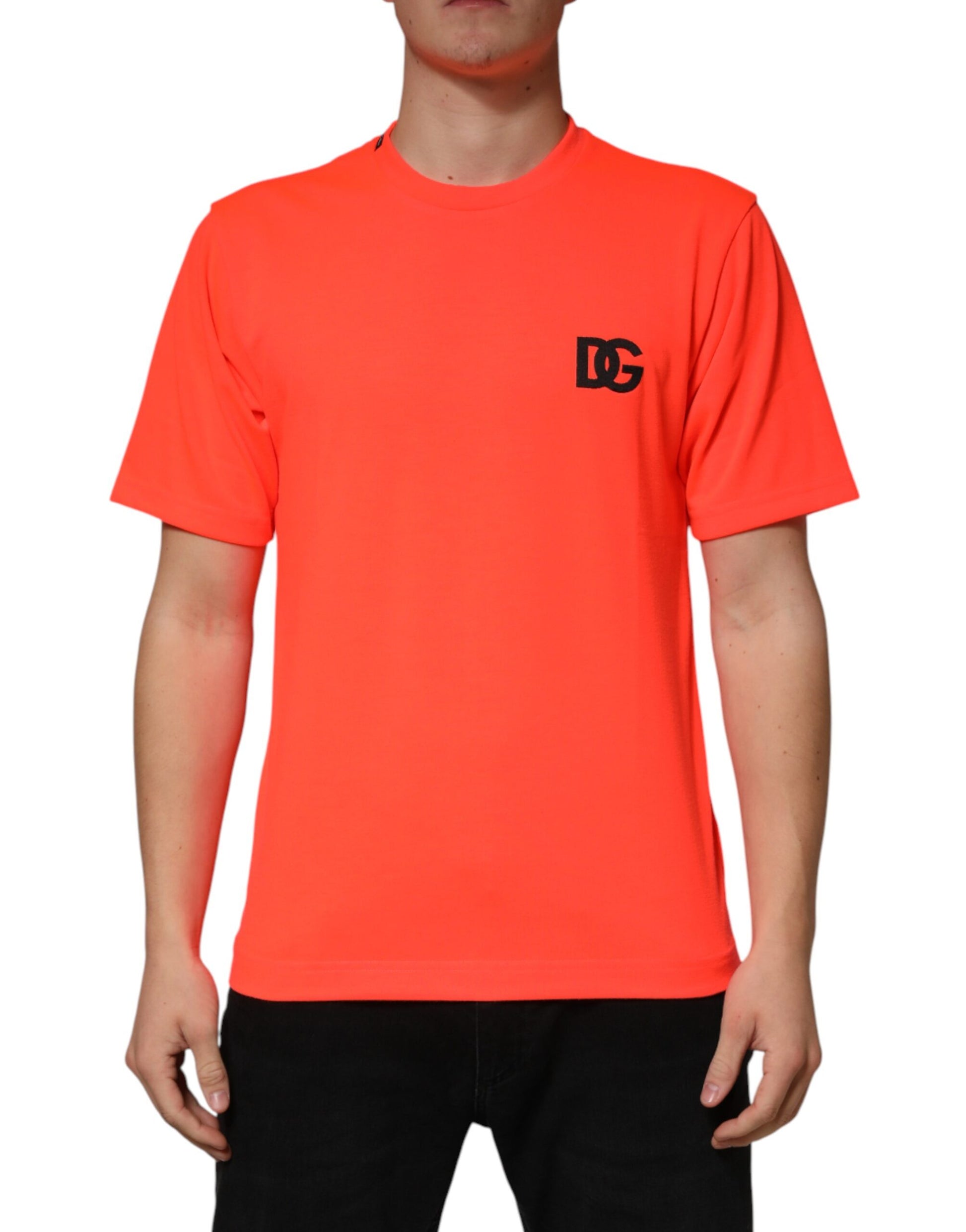 Mannequin wearing orange t-shirt with black logo on left chest
