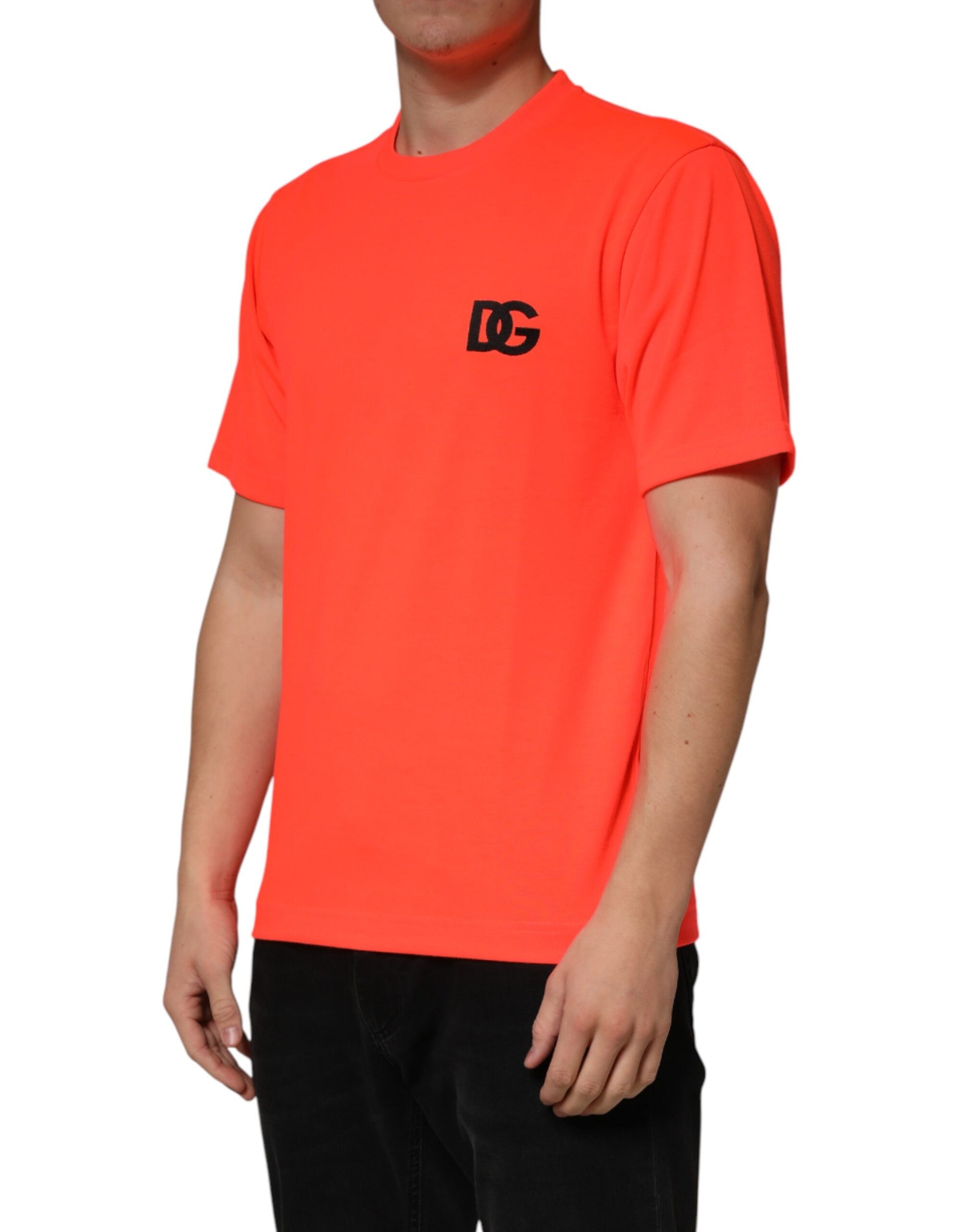 Orange short sleeved shirt with black logo on front