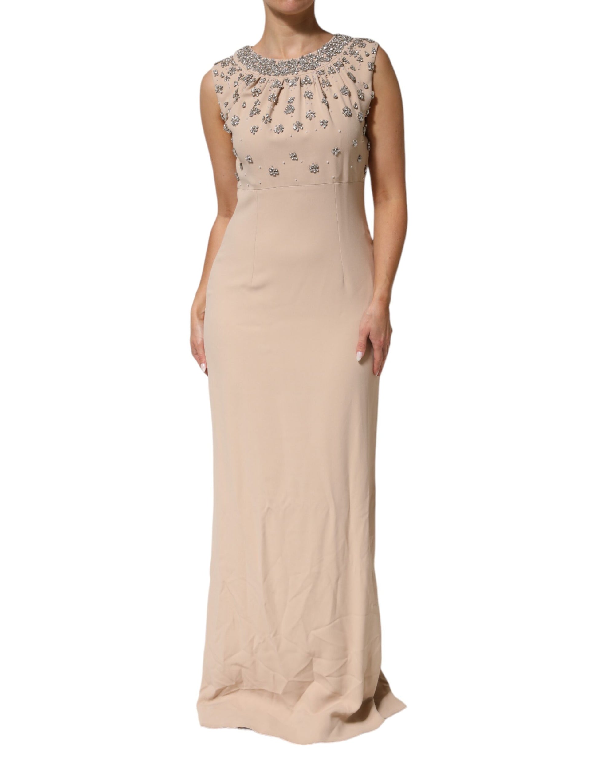 A long, beaded dress with crystal embellishments