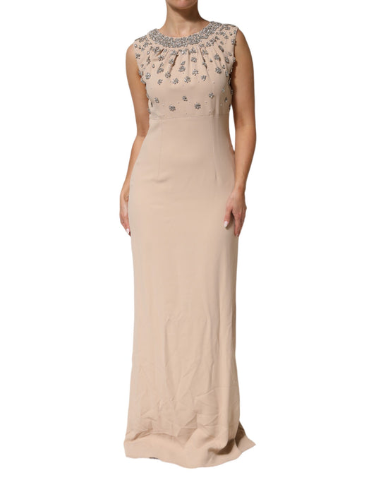 A long, beaded dress with crystal embellishments