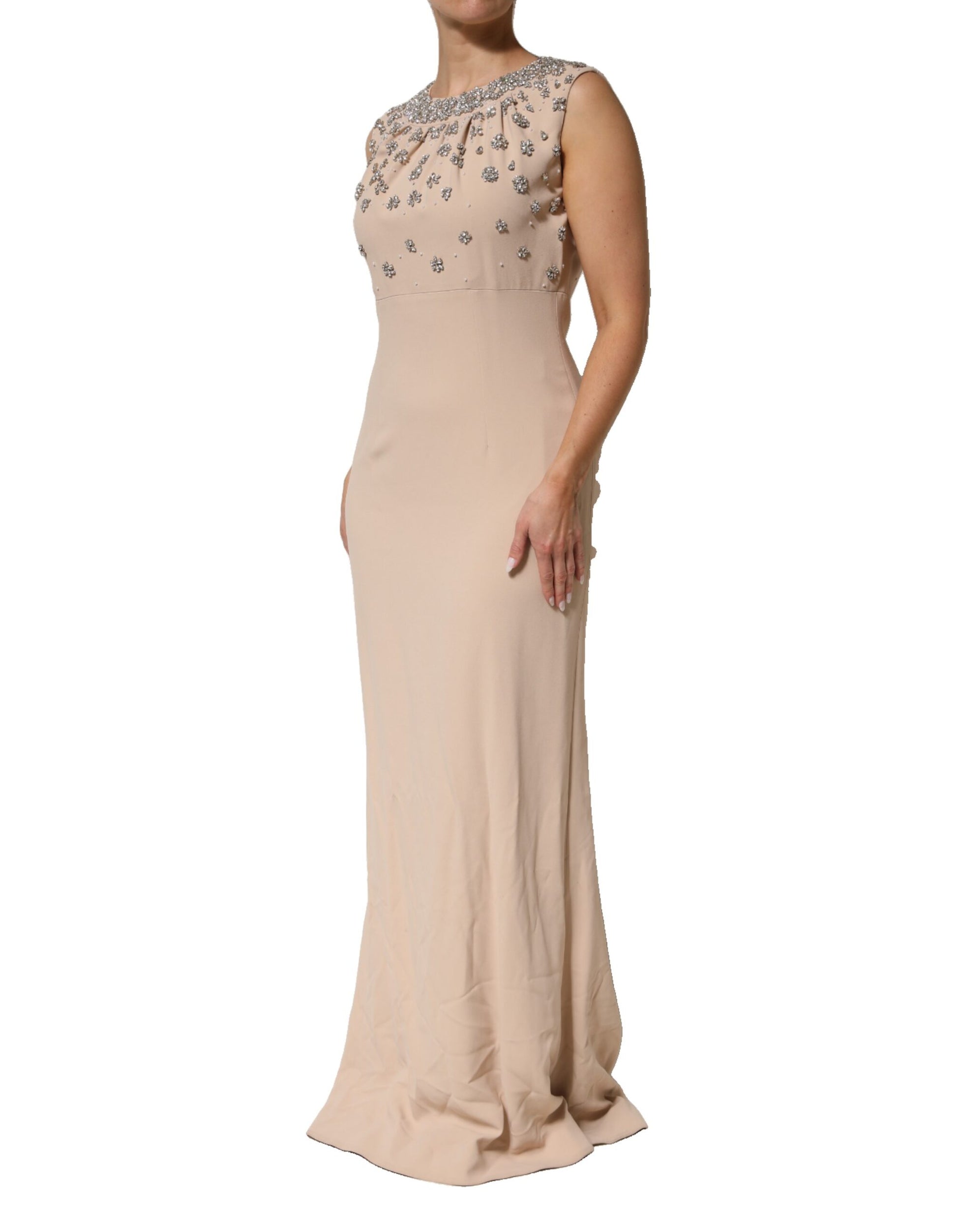 A beaded, crystal-embellished nude ecru dress