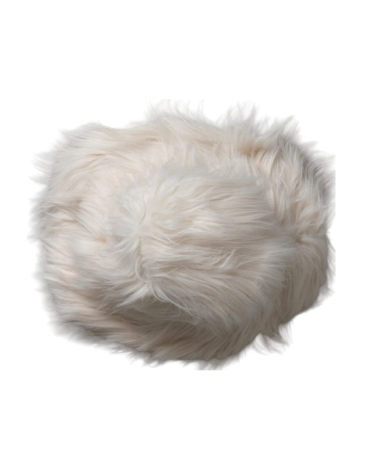 Fuzzy beige hat with shaggy fur trim