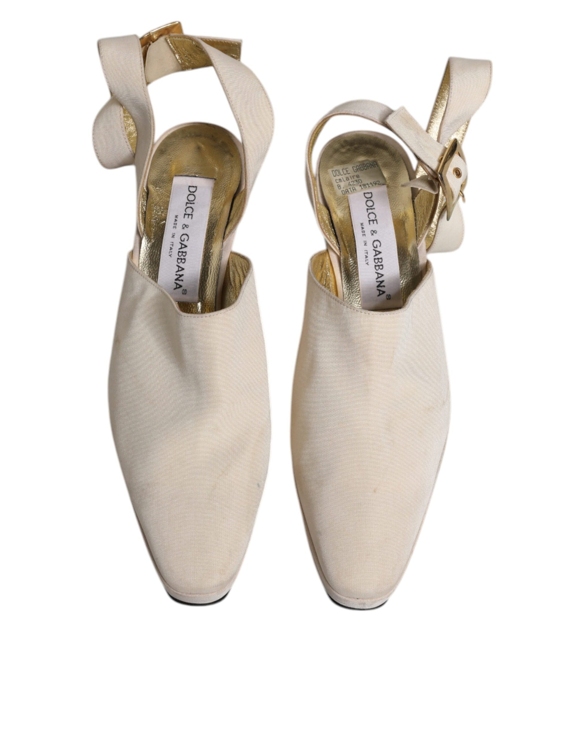 Pair of tan ballet shoes with gold trim
