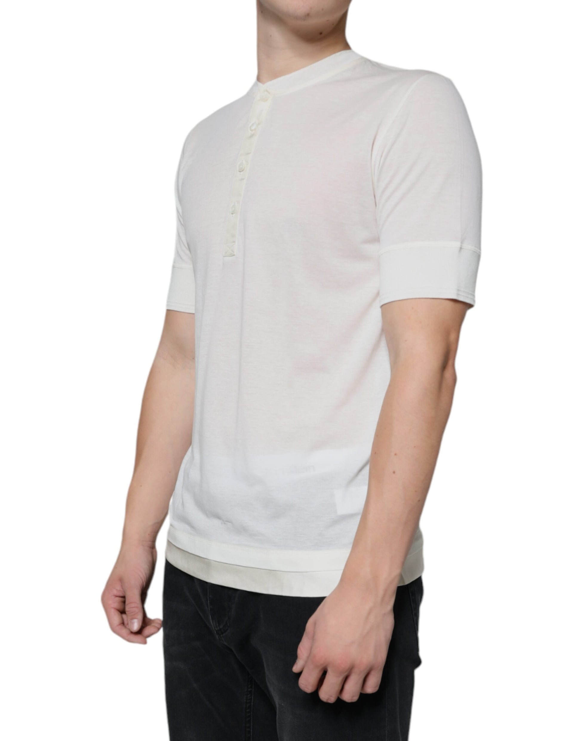 Mannequin wearing a white and grey short sleeve shirt