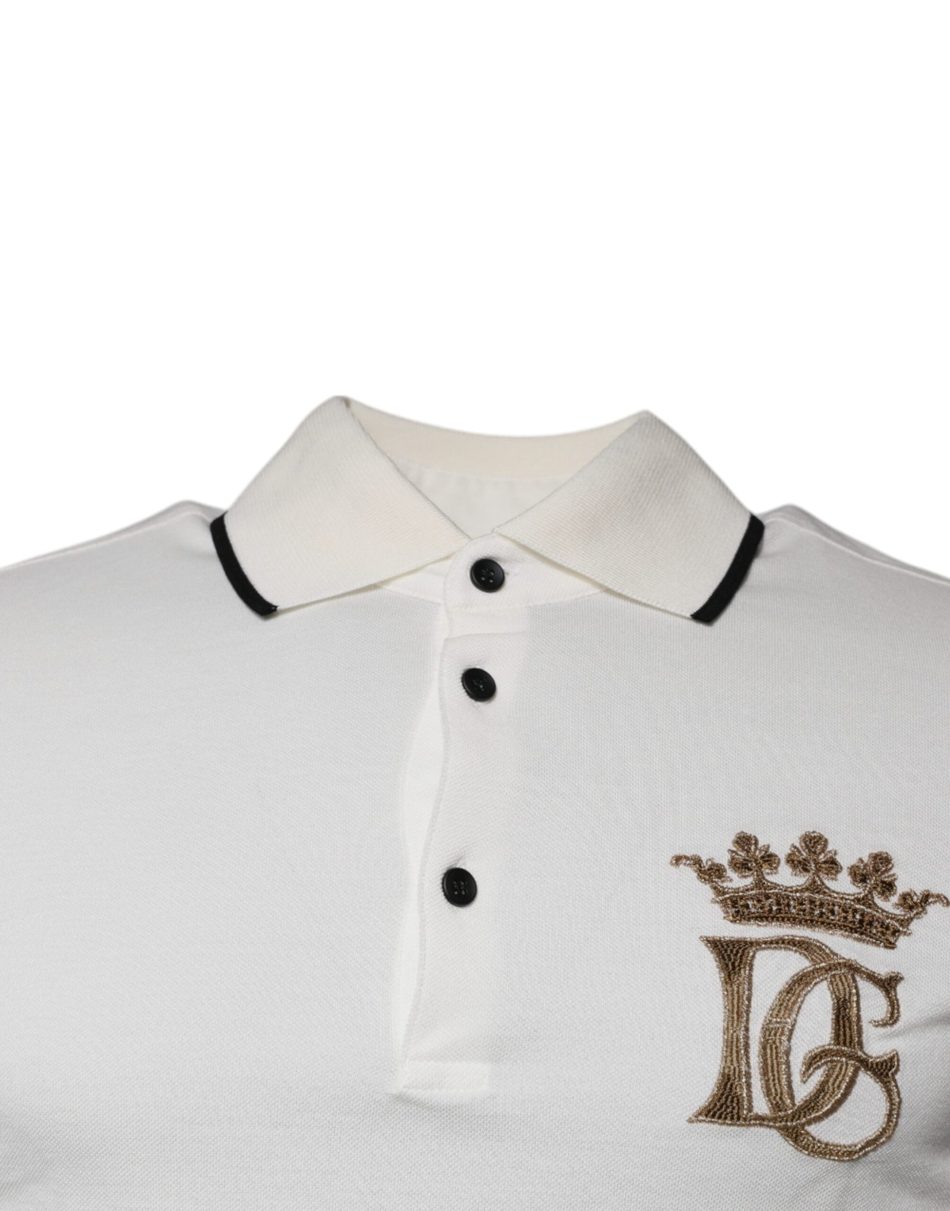 White polo shirt with black collar and gold embroidery on left chest