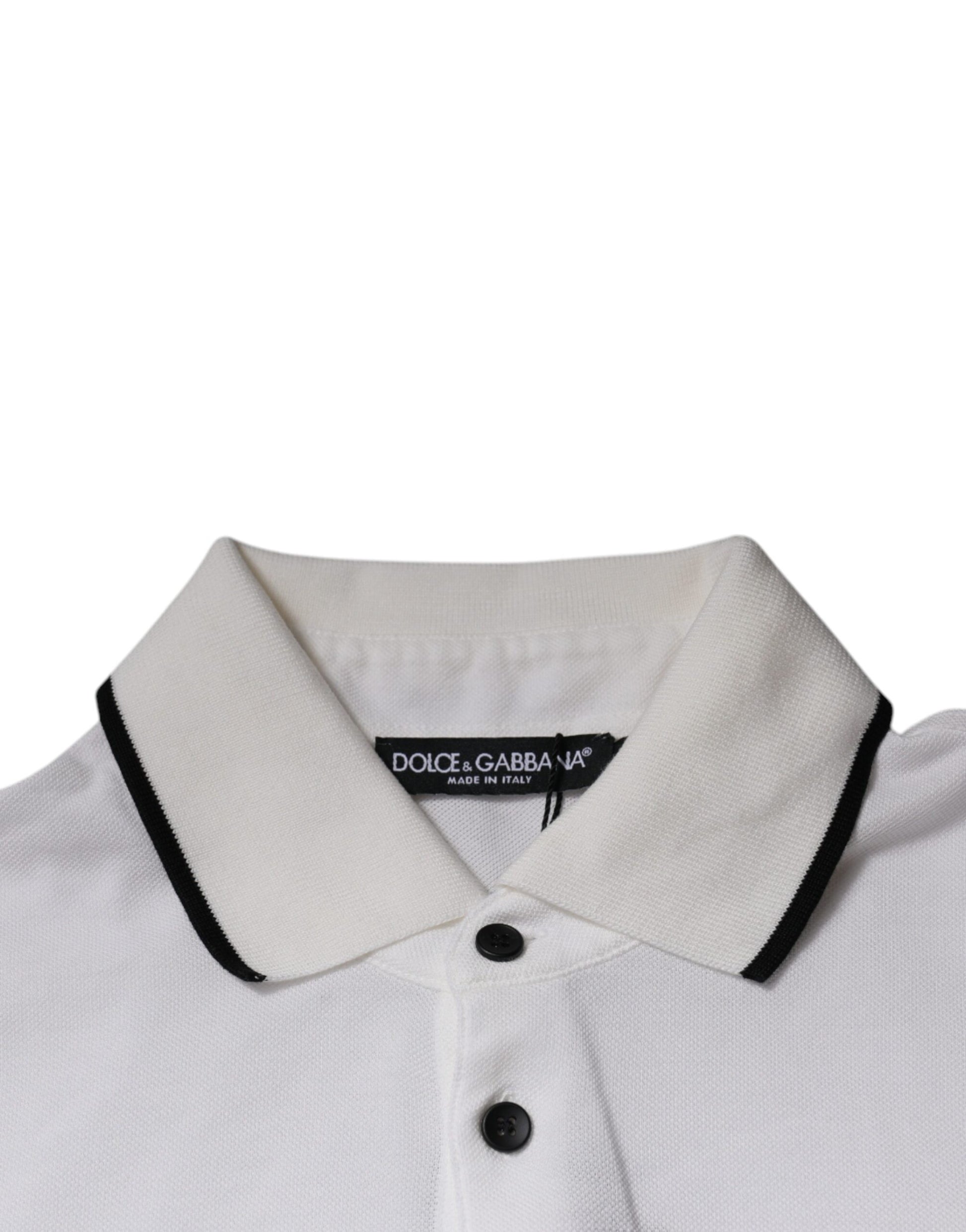 White polo shirt with black collar and buttons