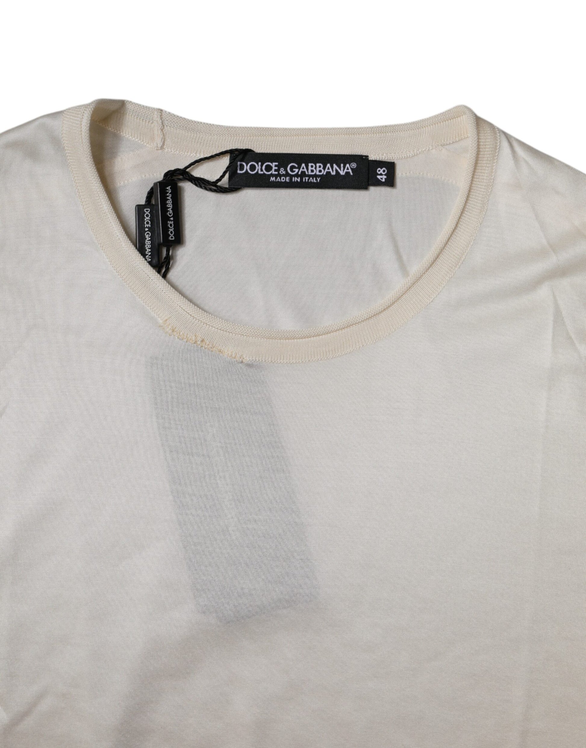 Tan crew neck t-shirt with horizontal stripes on front