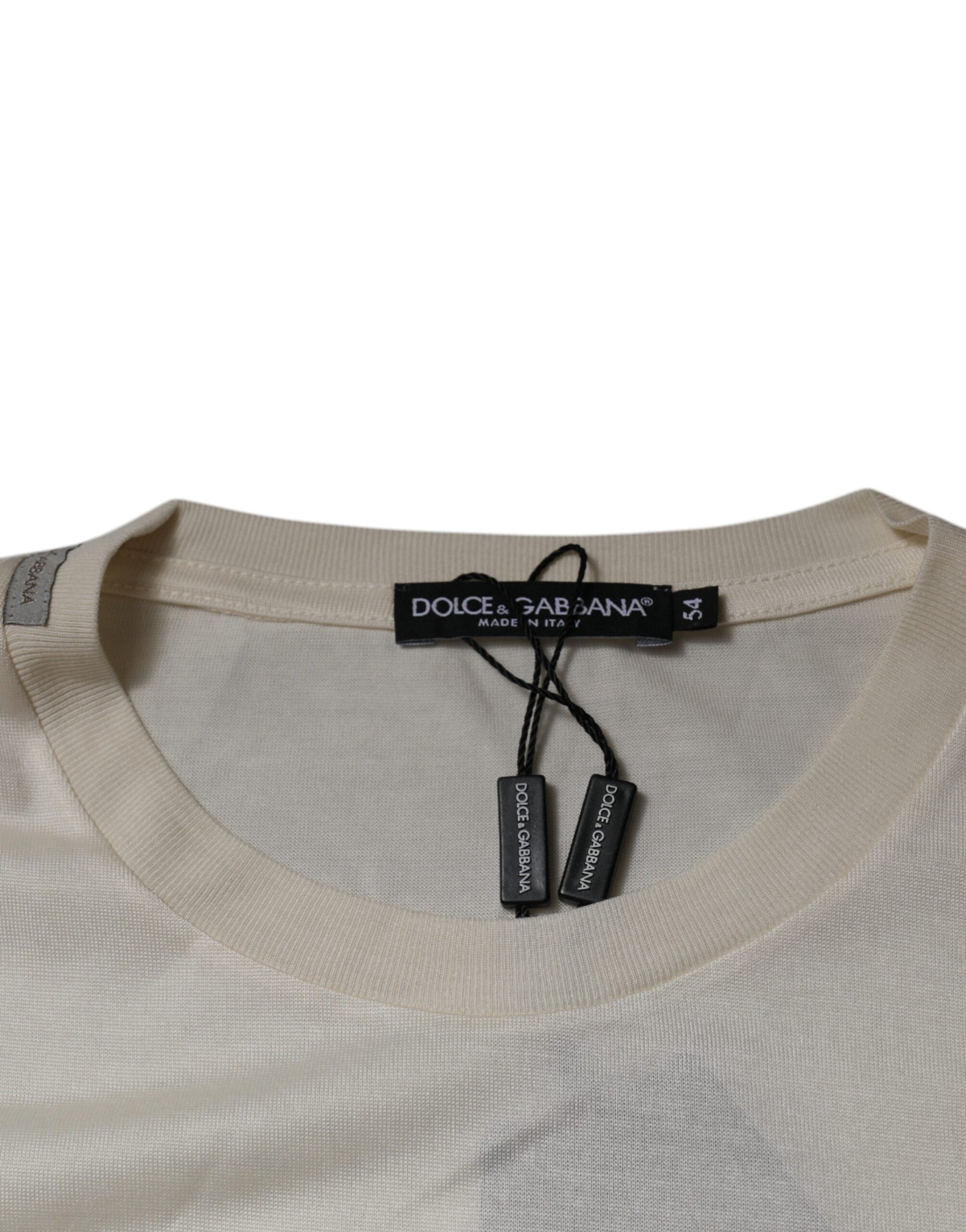 Tan cotton crew neck t-shirt with black label on front