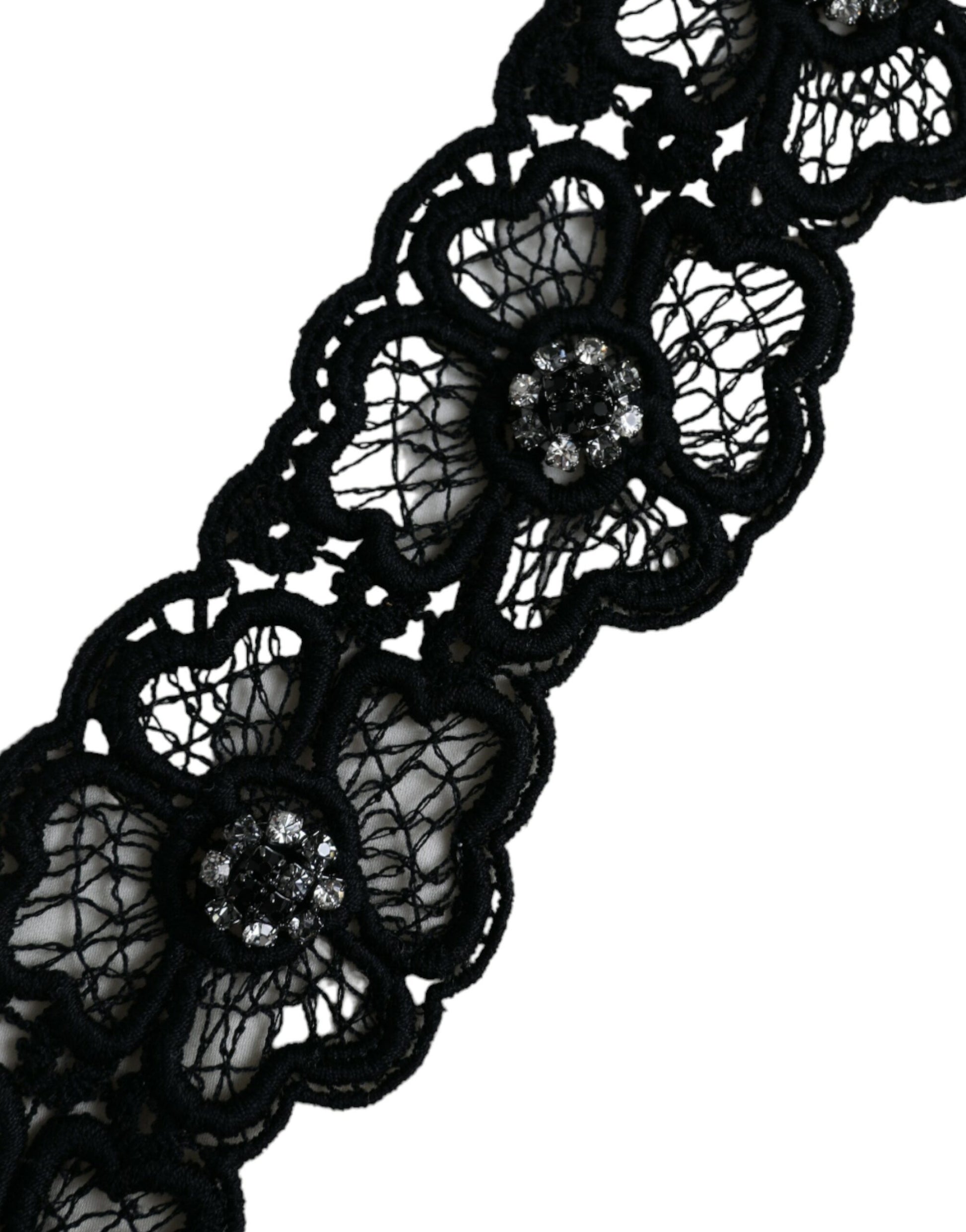 Black lace bracelet with floral embroidery and crystal accents