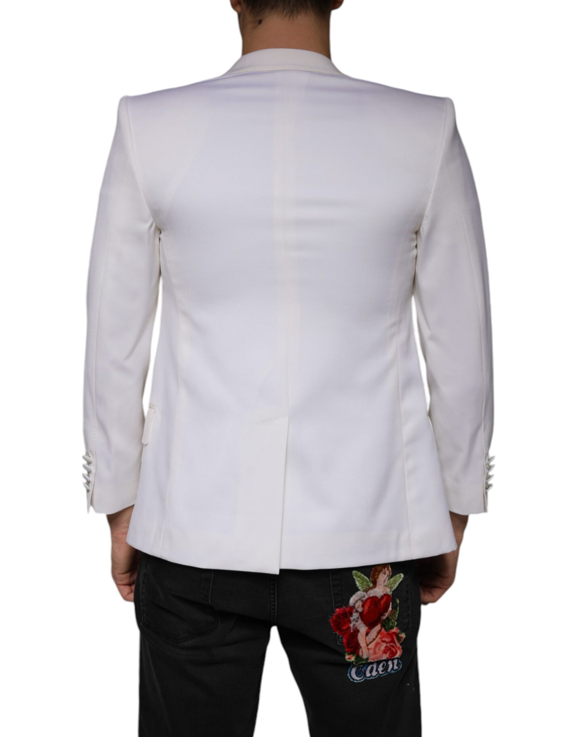Off white wool single breasted dress blazer with floral embroidery on back