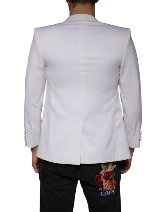 Off white wool single breasted dress blazer with floral embroidery on back