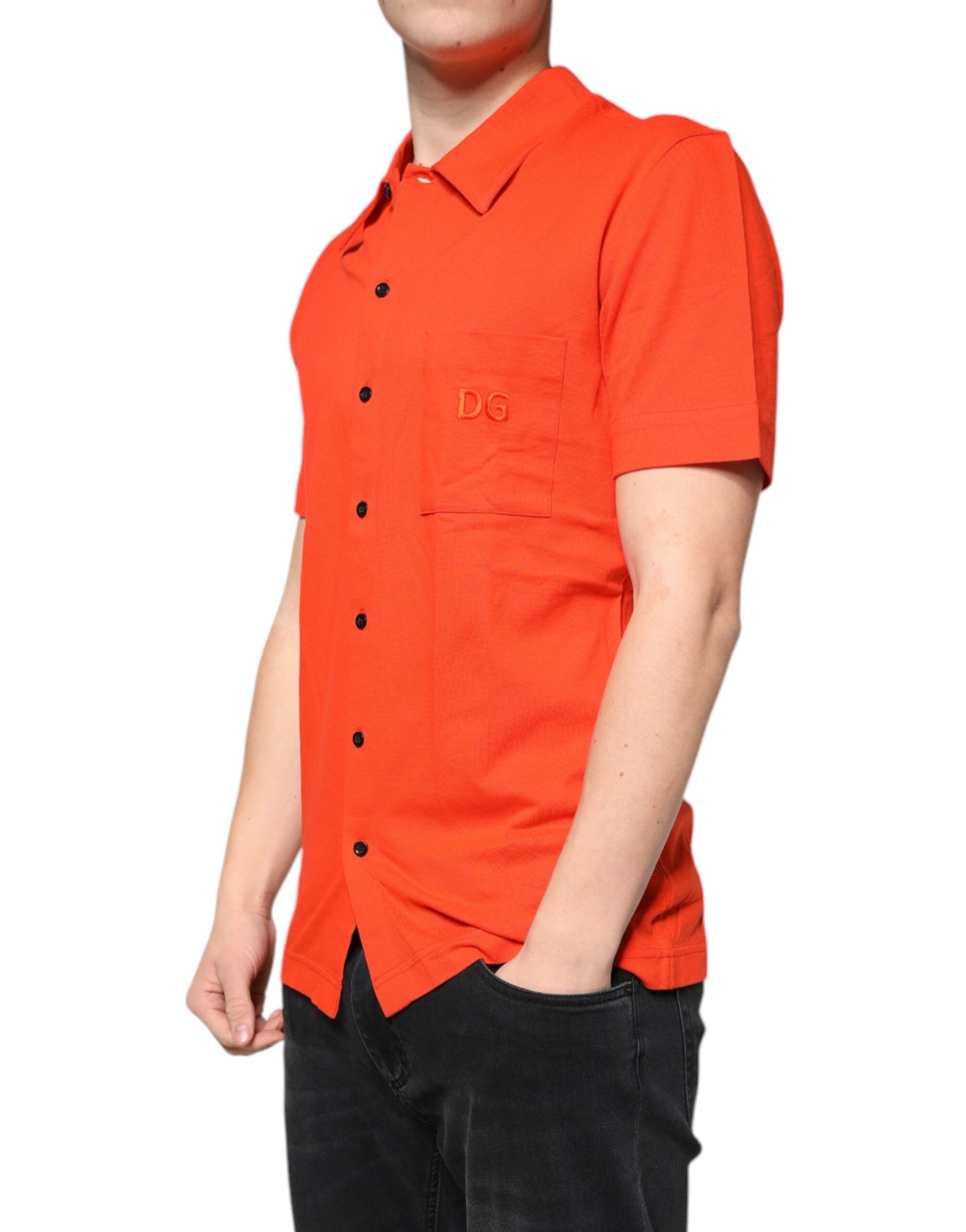 Man wearing red shirt with pockets
