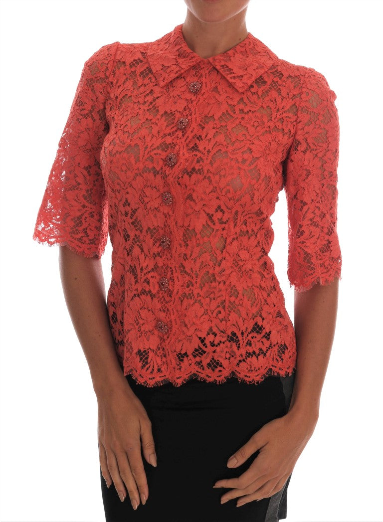 Red lace top on woman
