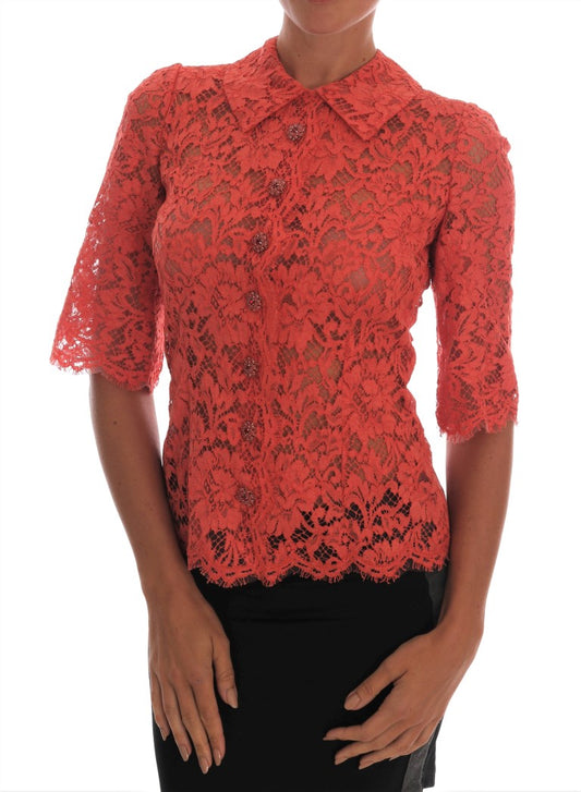 Red lace top on woman