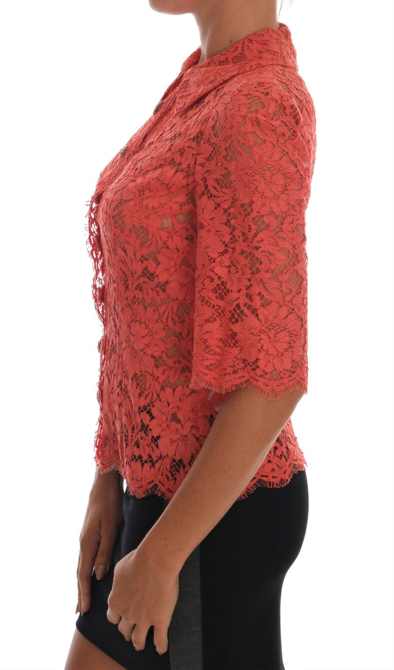 Red lace top on woman