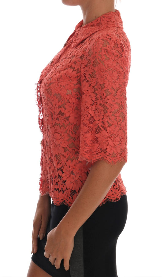 Red lace top on woman
