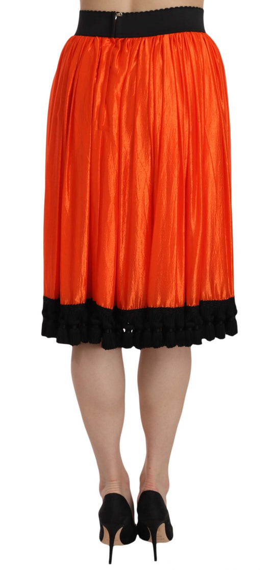 Red flared skirt with black trim and ruffles at bottom