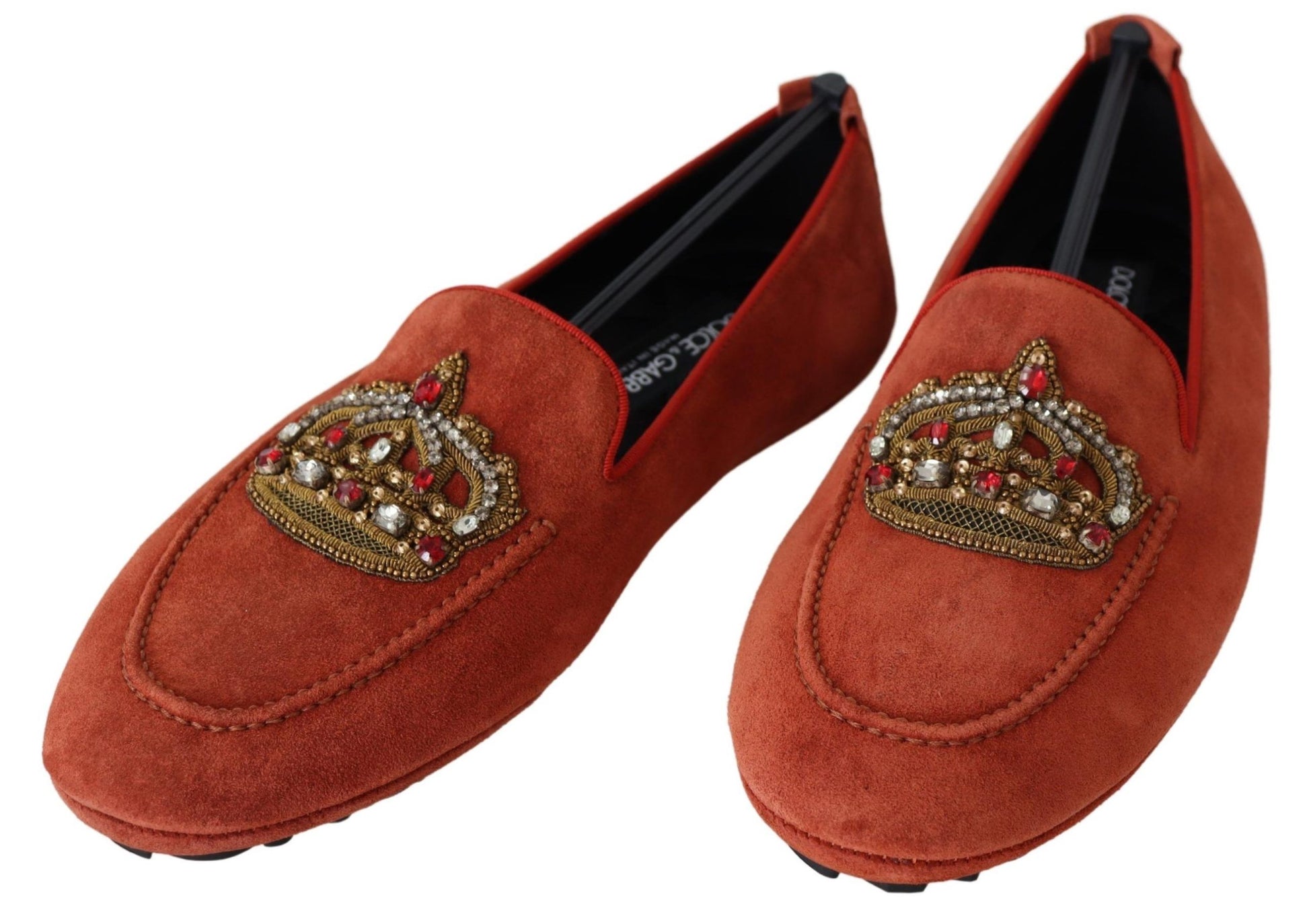 Pair of red velvet loafers with gold embroidery and gemstones