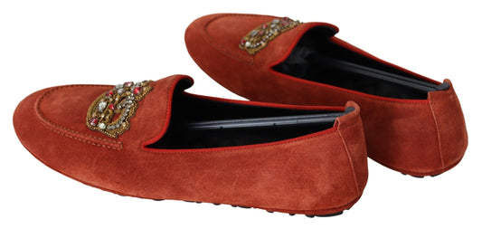 Pair of red velvet loafers with gold embroidery and laces