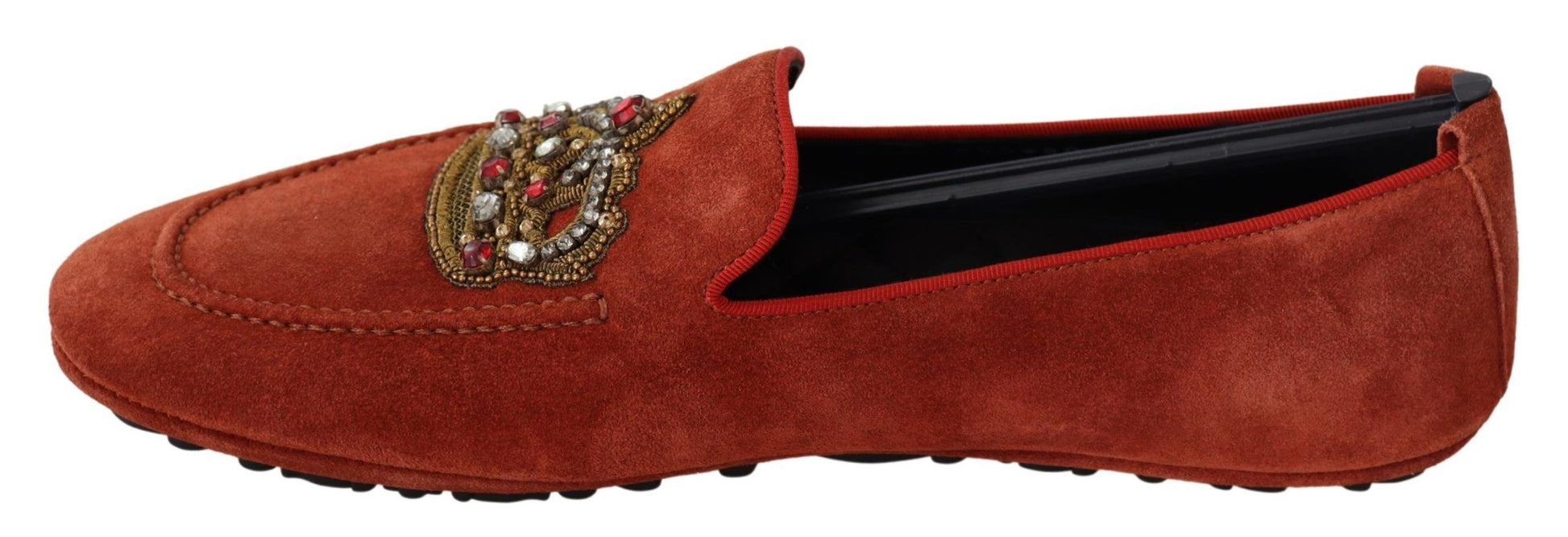 Red velvet loafers with embroidered detail and black heel