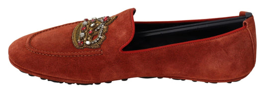 Red velvet loafers with embroidered detail and black heel