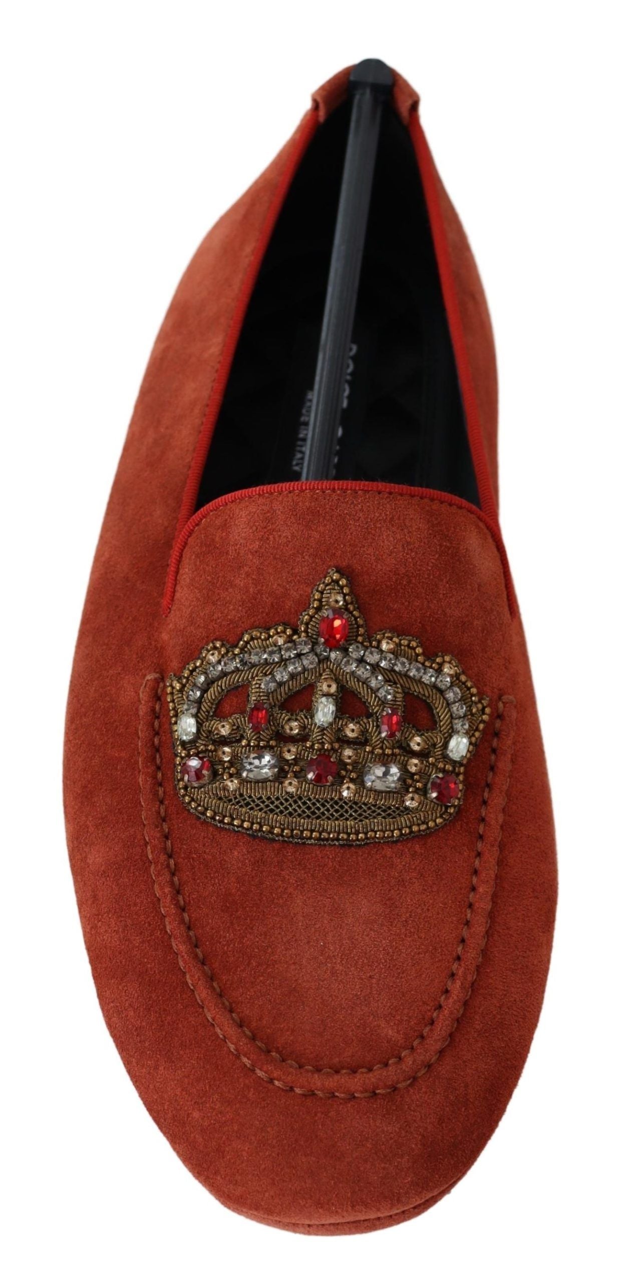 Red velvet loafer with embroidered crown and gemstones on toe cap