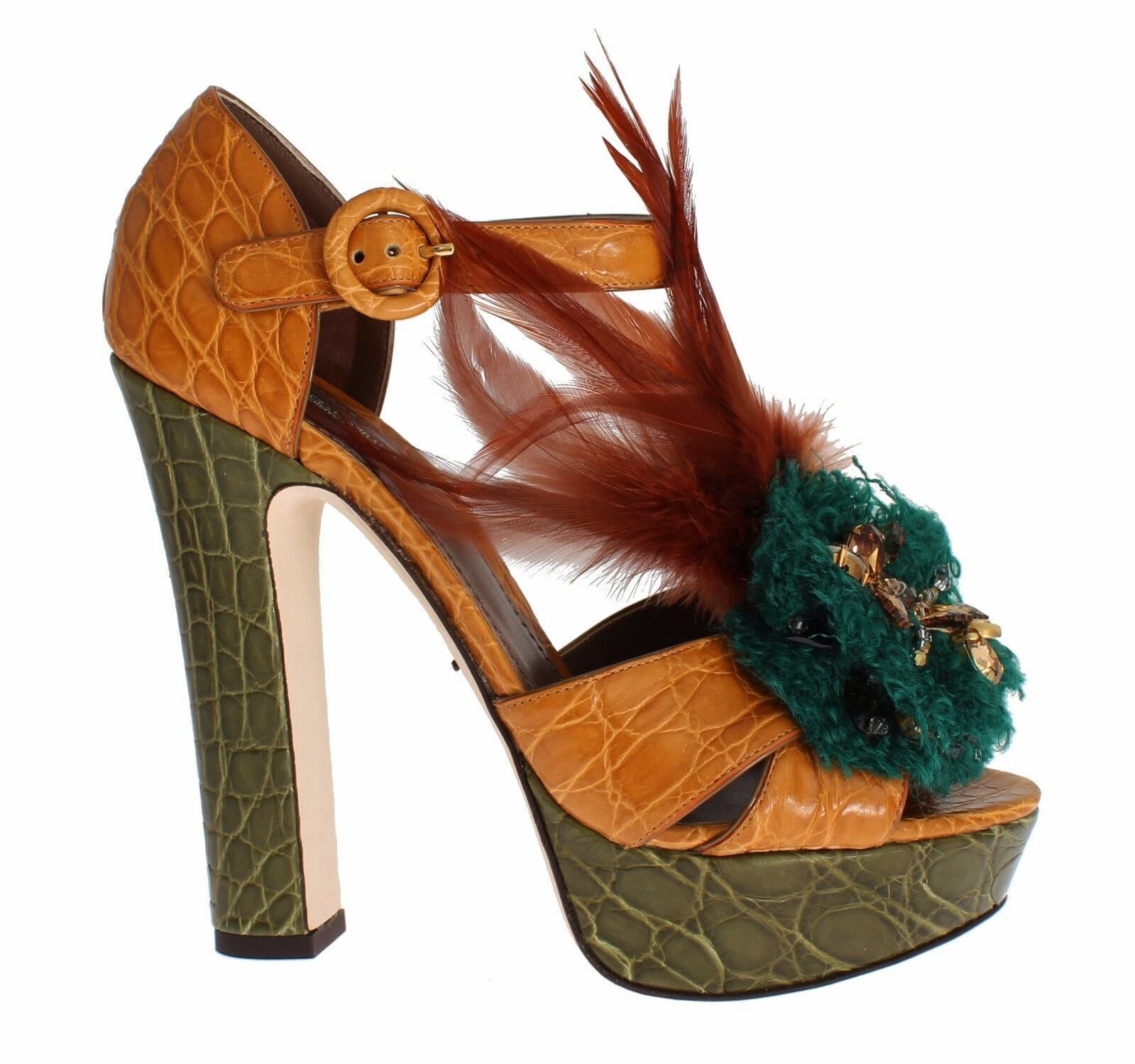 High heel shoe with feather and bow embellishments