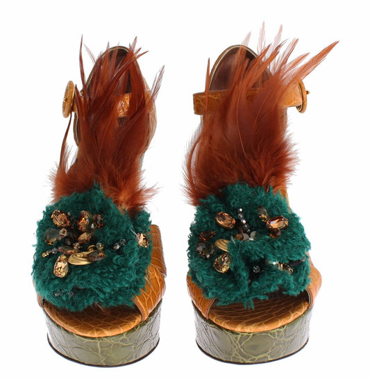 Pair of women's shoes with green and brown accents, featuring feathers and embellishments