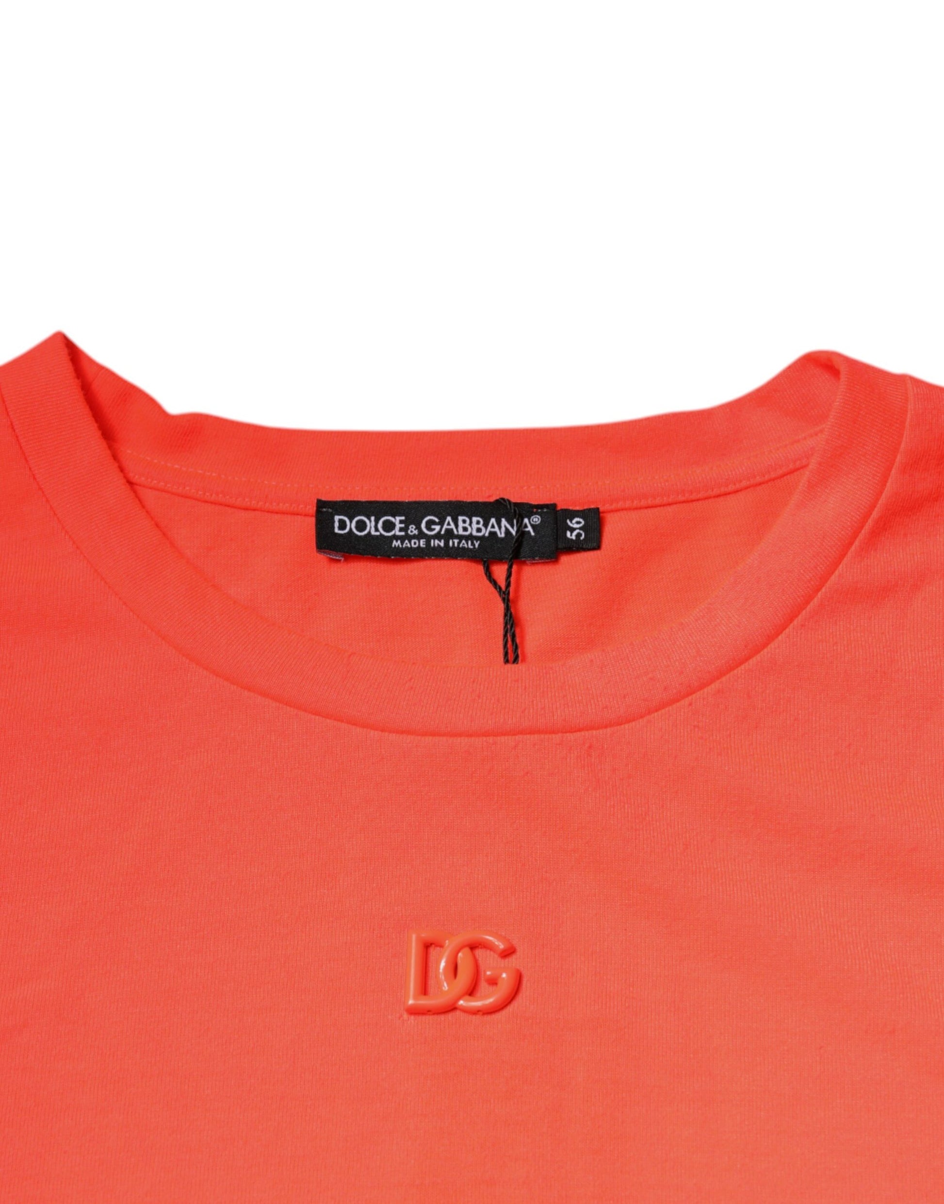 Orange t-shirt with red logo on front