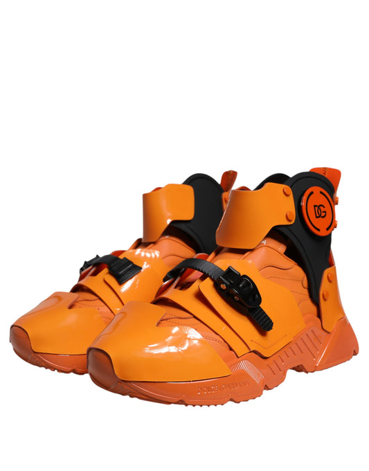 Orange high top sneakers with black straps and a red logo on the side