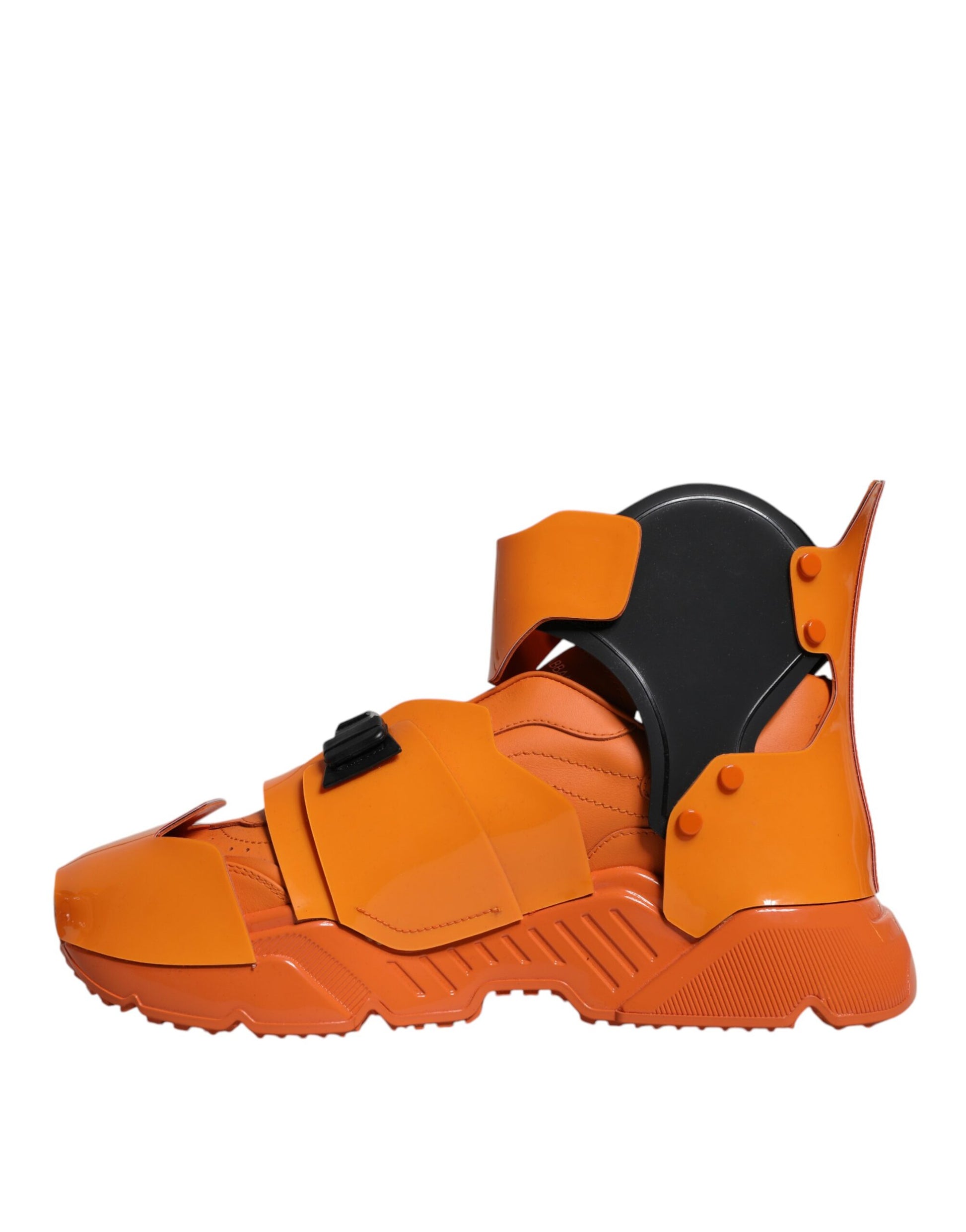 Orange and black high top sneaker with straps and buckles