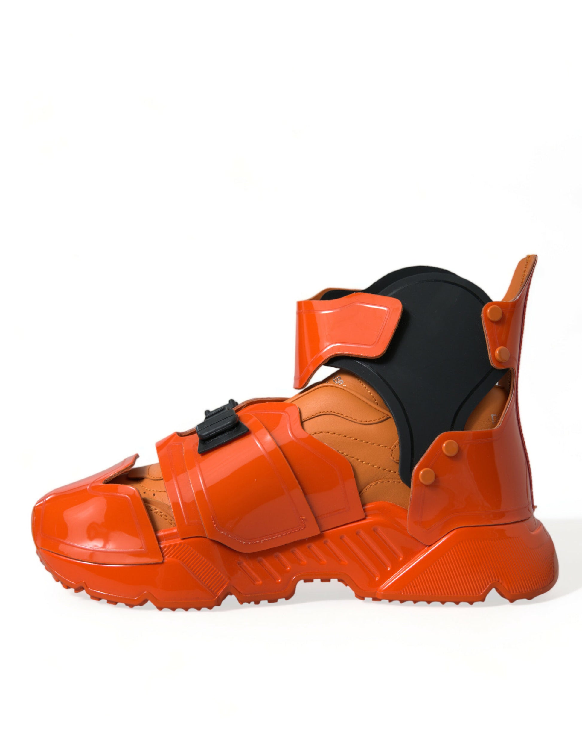 Red and black futuristic shoe with straps and buckles
