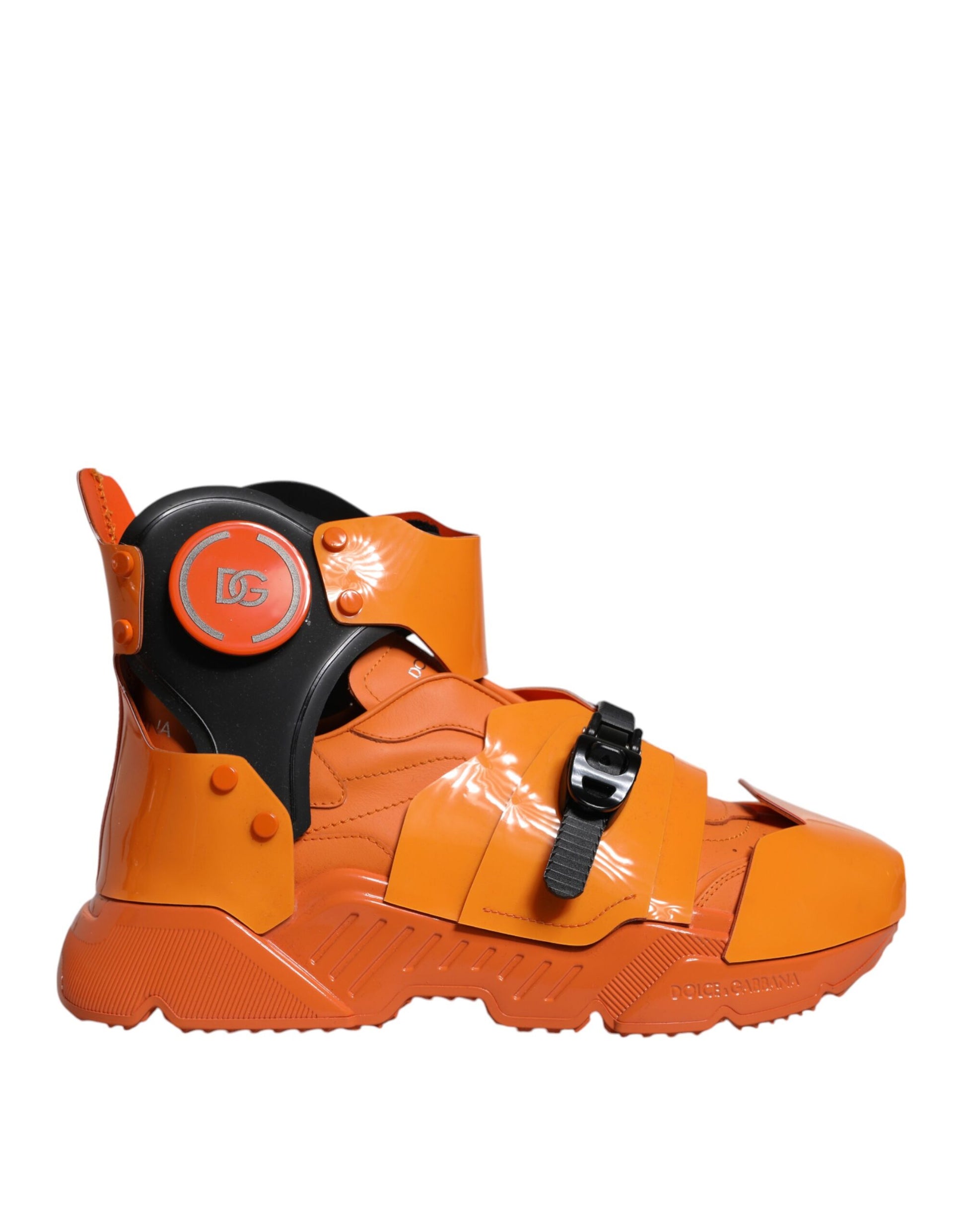 Orange and black high top sneaker with laces