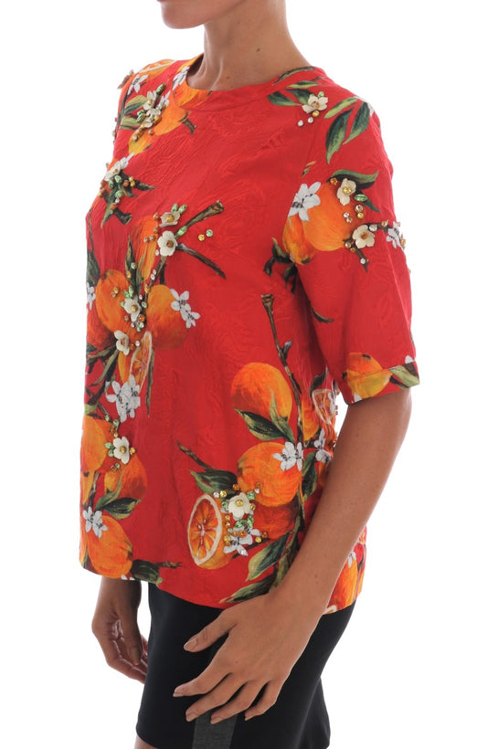 Woman wearing a red floral top