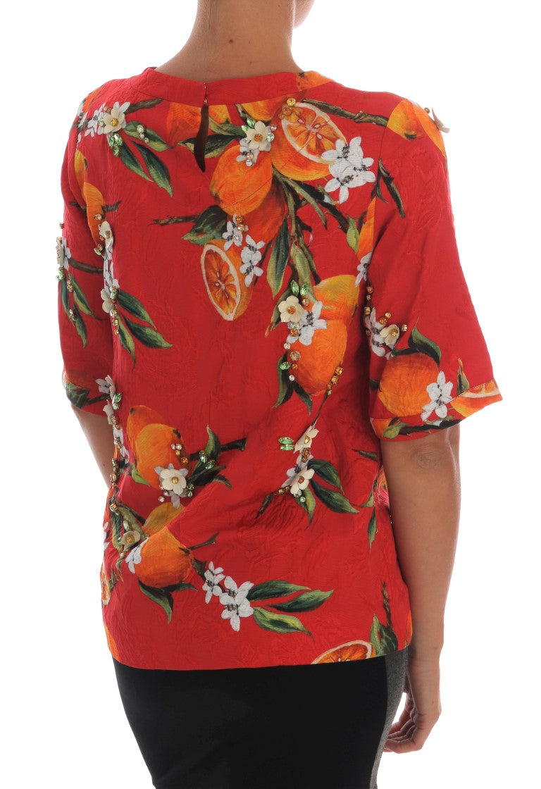 Red floral shirt with orange flowers on back