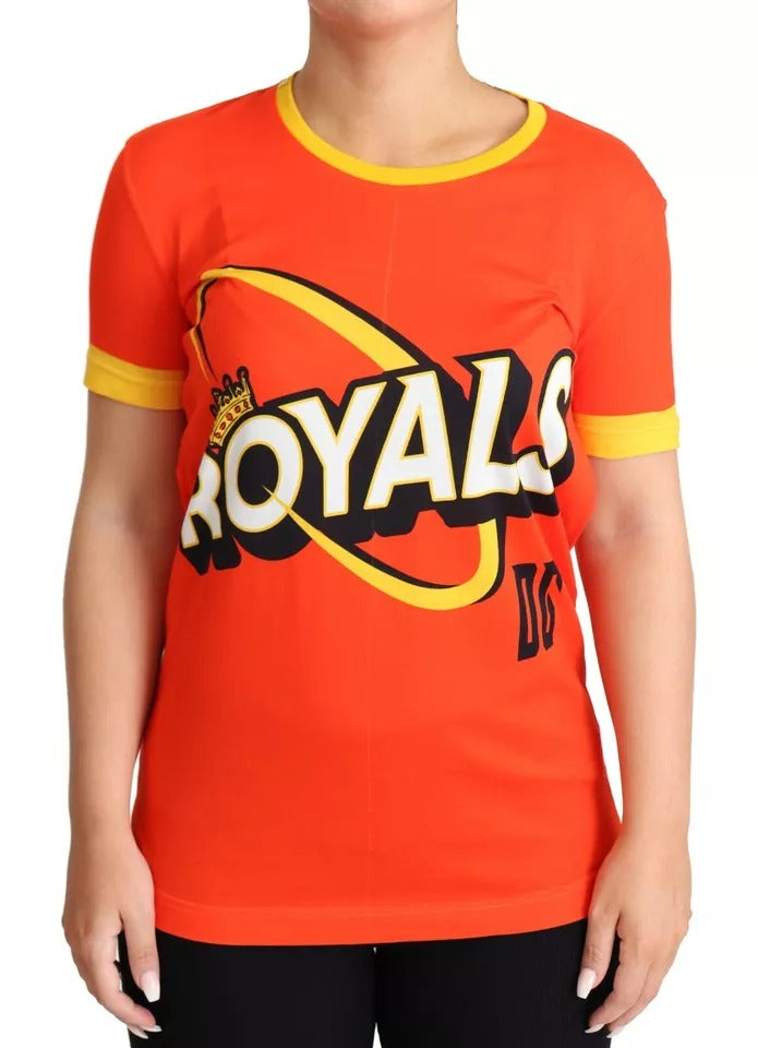 Red shirt with yellow and white lettering
