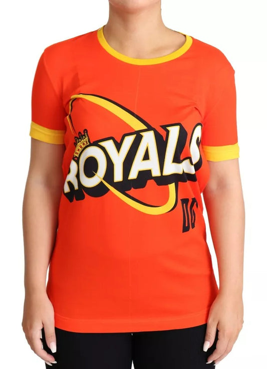 Red shirt with yellow and white lettering